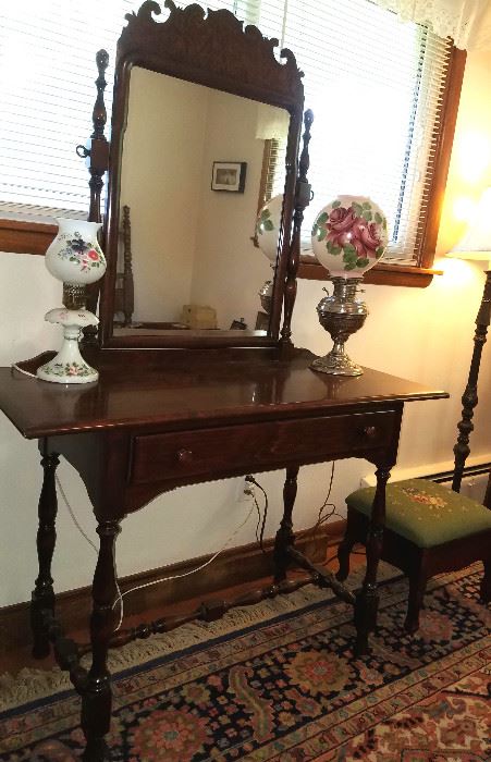 Antique dresser, cheval mirror & lamps