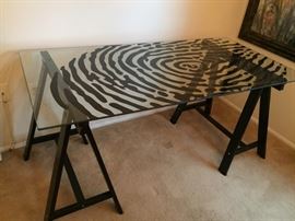 Glass Table on Painted Saw Horses.