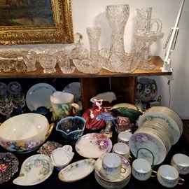Glassware and china including handpainted set, and brilliant period cut glass