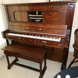 Steinway manual pump 88/65 player piano, restored and playing, in a stunning cabinet. Includes Bill's collection of 65 note rolls.  88 note rolls available separately.