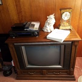 Vintage TV, Electronics, Ceramic cat and Ansonia clock
