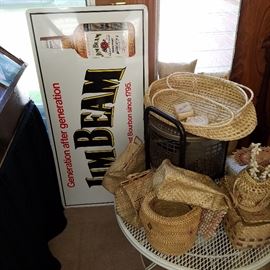 Jim Beam sign, woven items were WWII souvenirs from the South Pacific.