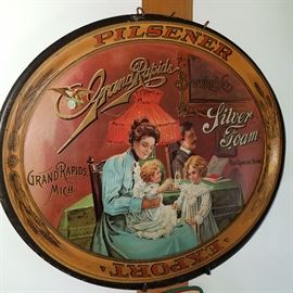 Pre-Prohibition Grand Rapids Brewing Company "Silver Foam" oval platter.  Minor edge scratches, and a scratch to the left of the red lamp shade, but overall great condition