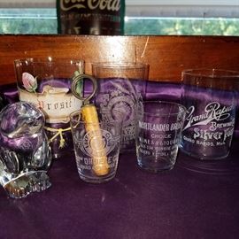Beer and shot glasses with etched advertising: 3 are Grand Rapids.