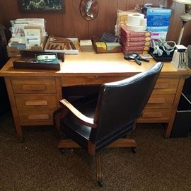 Kneehole desk and chair, office supplies