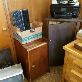 Office electronics, and 2 cabinets to hold piano rolls (back one has Duo-Art rolls in it
