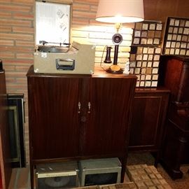 Piano roll cabinet, phone/light, old phonographs