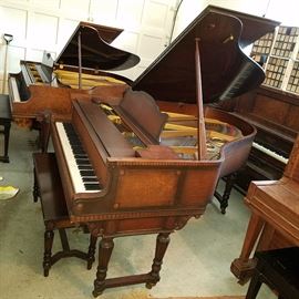 Two unrestored reproducing grand pianos. Front: Weber Duo-Art.  Back: Chickering  Ampico B (1946)