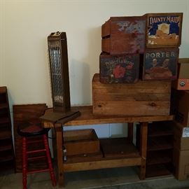 Fruit crates, sturdy workbench, stool, heater, etc.