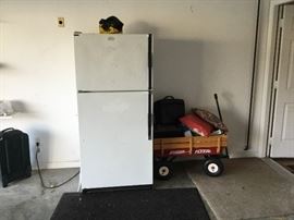 Garage refrigerator and wagon (radio flyer)