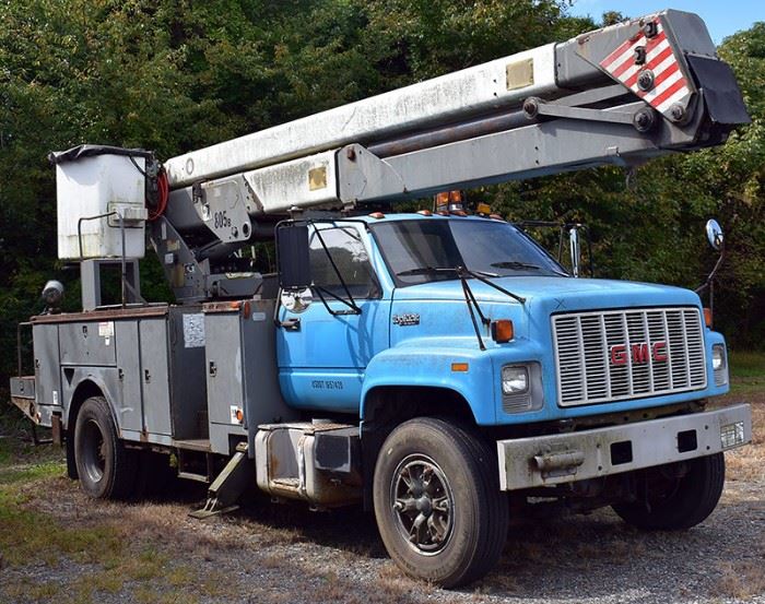 At 8PM: 1993 GMC Bucket Truck with 47,920 Miles; CAT Diesel Engine; In Working Condition.  VIN: 1GDM7H1J4PJ512959.
Vehicle Terms: Vehicles are sold AS IS, in AS FOUND/ESTATE condition. | Minimum of 10% deposit due on day of auction. May be paid with Cash, Check, VISA, MC, Debit. | Balance paid in full by Thursday following. Must be paid with Cash or Certified Bank Check ONLY.