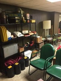 1940s metal lawn chairs, vintage ice chest, vintage minnow buckets, 600 volt 100-foot heavy duty cord, etc.