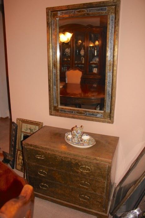 3 Drawer Cabinet, and Framed Decorative Mirror with Tea Set