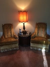 Vintage pair of chairs, slate top Hexagon table, vintage lamp