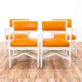 SET OF 4 "LACOR" WHITE BAMBOO & ORANGE DINING ARMCHAIRS