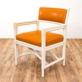 "LACOR" WHITE WICKER W/ BURNT ORANGE SEAT ARMCHAIR
