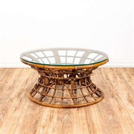 ROUND BAMBOO COFFEE TABLE W/ GLASS TOP