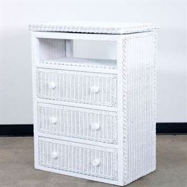 WHITE WICKER SWIVEL CART W/ 3 DRAWERS
