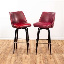 PAIR OF RUBY RED VINYL BAR STOOLS