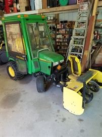John Deere 445 tractor with hard cab and snow blower attachment with 285 hours