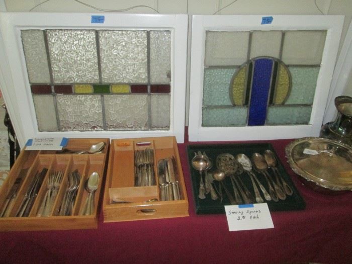 2 Stain glass windows & Silverplate serving sets
