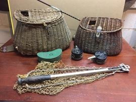 Antique fishing creels, reels, etc.