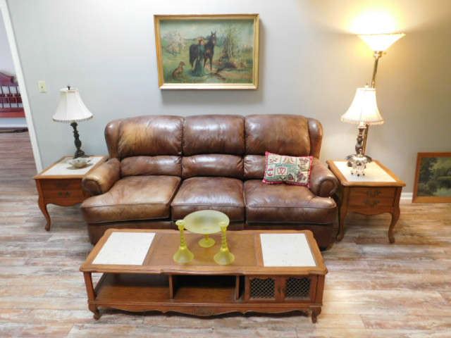 Leather Sofa, French Lamp and Coffee Table