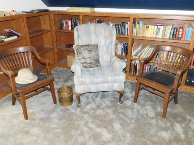 More Oak Chairs, Wing Chair, Queen Anne Legs, Lots of books
