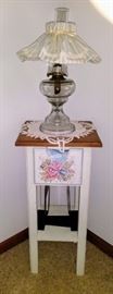 Pretty painted side table & hurricane oil lamp  *DOWNSTAIRS BEDROOM*
