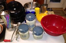 nesting bowls, canister set, vintage straw holder, sifter, meat grinder, and more  *KITCHEN*