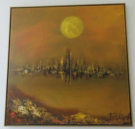 Mid Century Modern Abstract Cityscape Oil Painting R. Styles