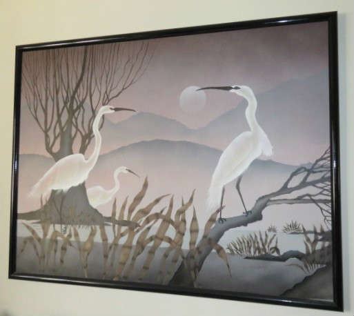 Mid Century Heron Egret Canvas Oil Painting Artist Signed