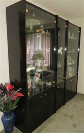 3 Piece Black Lacquered Glass Curio Display Cabinet