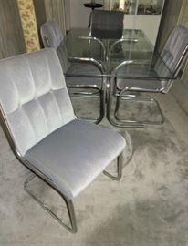1984 Chrome Glass Top Dining Table with 4 Grey Tufted Chairs by Stoneville Furniture Co. Stoneville, NC
