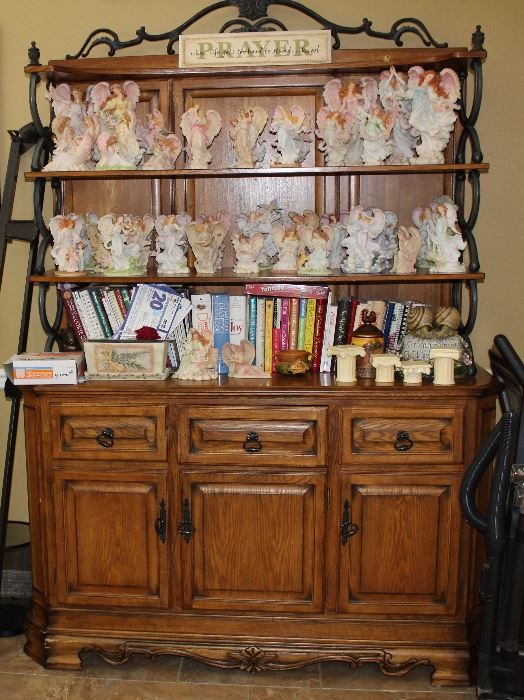 BEAUTIFUL wood and metal hutch with Seraphim angels and cookbooks