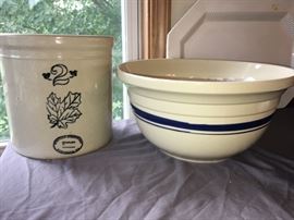 Red Wing 2 gallon crock EXCELLENT condition! The large bowl with blue stripe is Roseville and is HUGE & gorgeous!  