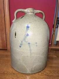 LARGE  jug (circa 1860-1880) with cobalt blue freehand design and produced in the Akron, Ohio area - per our client