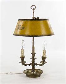 Antique Bouillotte Lamp with Hand Painted Tole Shade
