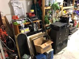 Temperamental Kenwood receiver and who knows speakers, sound great when door is open. Some fireplace screens and little two step ladders here.