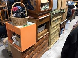 A couple nightstands and dressers here, I would probably call all these project pieces. Some box fans, two new, three old style.
