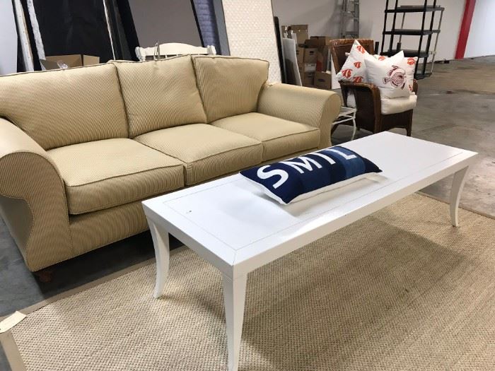 MINT CONDITION COTTON PINSTRIPE SOFA WITH WHITE COCKTAIL TABLE