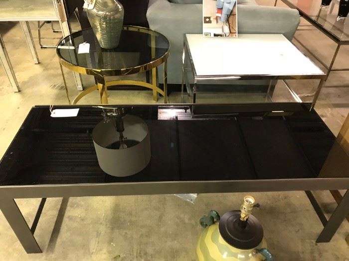 BLACK GLASS TOP COCKTAIL TABLE  AND OTHERS