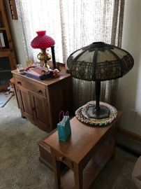 Table, Antique slag glass lamp, electrified oil lamp and wash stand