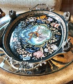 Unique bronze mounted hand painted porcelain tray