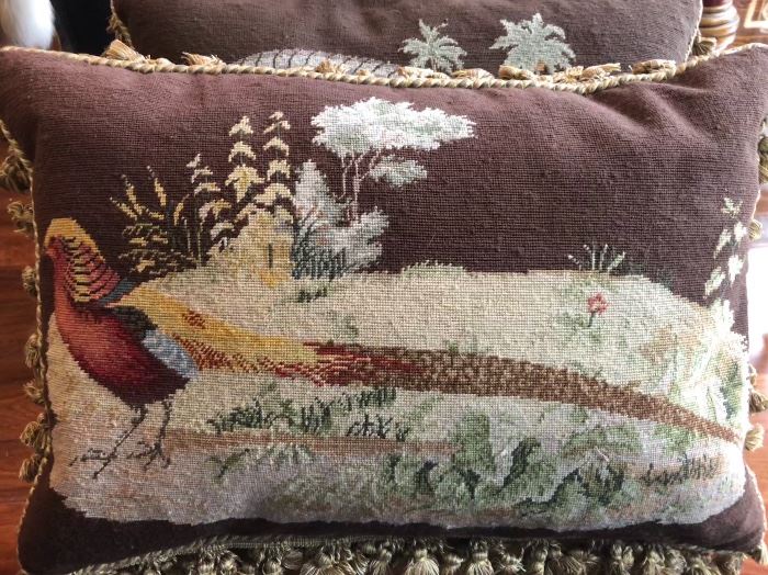 Hand made petite point pheasant pillows
