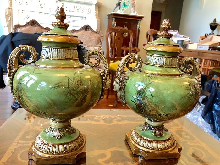 Majolica style figural urns