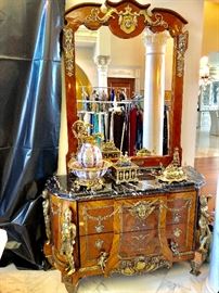 Superb French cabinet with outstanding inlay , ornate figural gilded bronze accents marble top unbelievable mirror! Breathtaking!!
