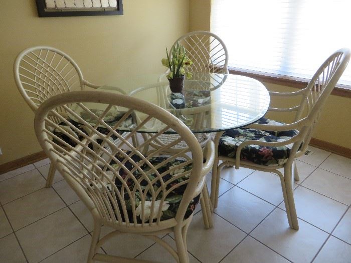 RATTAN GLASS TOP TABLE AND 4 CHAIRS

