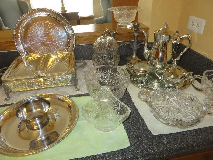 SILVER AND CRYSTAL SERVING PIECES