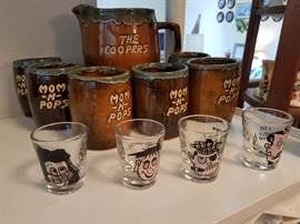 Van Briggle Pitcher, 6 mugs

4 different Gogglily eyes ahot glasses